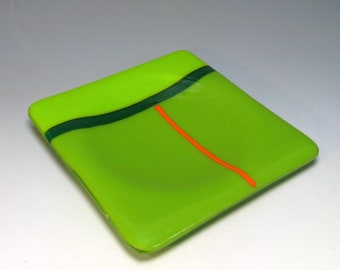 art glass dish  ...   lime green and deep forest green ...    geometric tray   ...  square  slumped and fused art glass