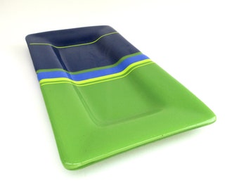 modern fused art glass plate  ...    lime green  chartreuse  cobalt blue  ...    geometric tray   ... rectangular glass platter