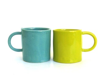 two hand built modern porcelain cups  ...   teal and chartreuse   ...  minimalist set of  espresso cups  ...   demitasse