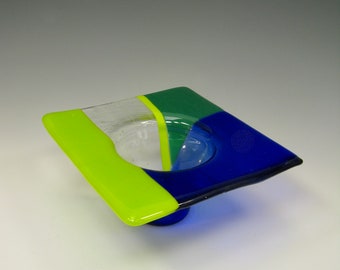 fused glass  geometric dish   ... square glass bowl  ...   green ...   chartreuse  ...   cobalt blue