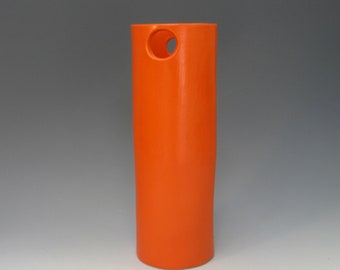 tall hand built porcelain vase  ...  coral red  vessel   ...  3 holes  ...   mid century modern   ... whimsical