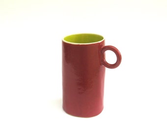 festive hand built porcelain cup ...  red and chartreuse