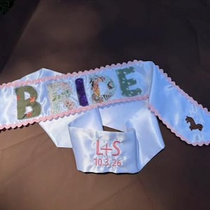 Custom Patchwork Bride Sash, Monogram Embroidery Wedding Sash, Bridal Shower Keepsake
