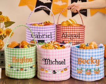 Personalized Seersucker Trick or Treat Basket - Embroidered Halloween Bag