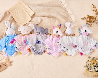 Personalized baby security blanket animal blanket Embroidered Lovey baby mini animal blanket  Soft Baby Comforter with Name New Baby Gift