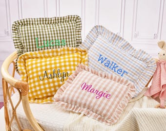 Personalized Baby Name Pillow: Embroidered Plaid Ruffle Nursery Decor