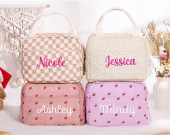 Bolsa de almuerzo de pana personalizada para niños, bolsa térmica con nombre personalizado, bolsa de almuerzo bordada, bolsa de picnic, regreso a clases, para niños pequeños