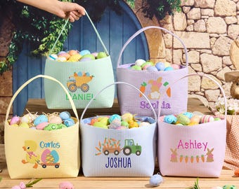 May include: Five pastel-colored Easter baskets filled with colorful eggs. Each basket has a different design and name: Daniel, Sophia, Carlos, Joshua, and Ashley. The baskets have handles and are made of a striped fabric.