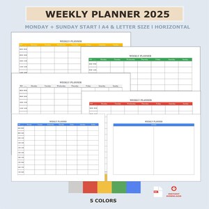 Peut inclure: Cinq modèles de planificateur hebdomadaire imprimables dans différentes couleurs : jaune, rouge, vert, bleu et gris. Chaque modèle a une mise en page horizontale avec un espace pour les notes et un horaire hebdomadaire du lundi au dimanche. Le texte "WEEKLY PLANNER 2025" est en haut de l’image.