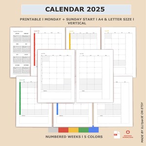Peut inclure: Calendrier imprimable pour 2025 avec un aperçu annuel, des calendriers mensuels et des semaines numérotées. Le calendrier est disponible en cinq couleurs : rouge, jaune, vert, bleu et gris. Le calendrier est conçu pour un début le lundi et est disponible en format A4 et lettre.