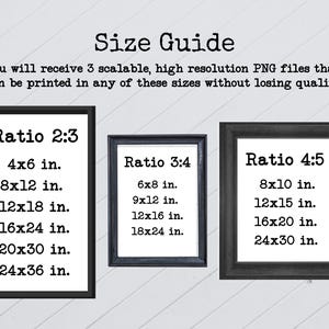 May include: A size guide graphic with three framed examples showing print ratios and sizes in inches. The text includes "Ratio 2:3" with sizes like 4x6 in. and 24x36 in. "Ratio 3:4" includes 6x8 in. and 18x24 in. "Ratio 4:5" includes 8x10 in. and 24x30 in.