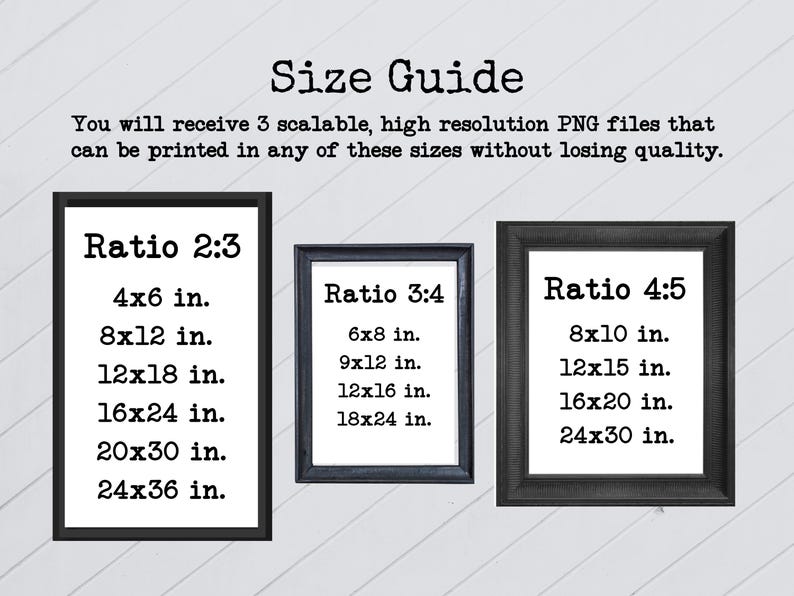 May include: A size guide graphic with three framed examples showing print ratios and sizes in inches. The text includes "Ratio 2:3" with sizes like 4x6 in. and 24x36 in. "Ratio 3:4" includes 6x8 in. and 18x24 in. "Ratio 4:5" includes 8x10 in. and 24x30 in.