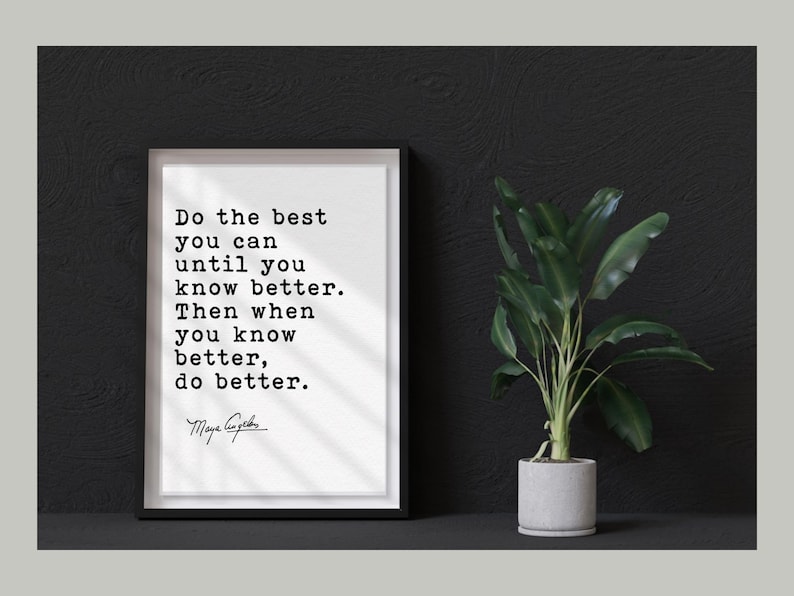 May include: A framed print with the quote "Do the best you can until you know better. Then when you know better, do better." in black text. A potted plant with green leaves sits to the right.