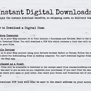 May include: Text on a light wood-grain background provides instructions for downloading digital items from Etsy. The text includes steps for desktop computers, mobile devices, and guest purchases, with a focus on accessing files after purchase.
