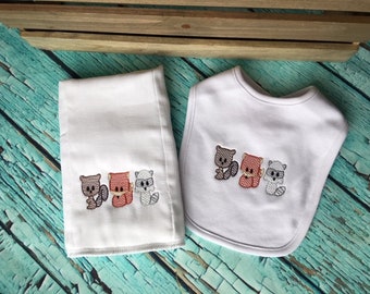 SALE... Woodland Burp and Bib Set. Custom Boutique Embroidered Burp and bib set. Ready to ship. FREE SHIPPING.