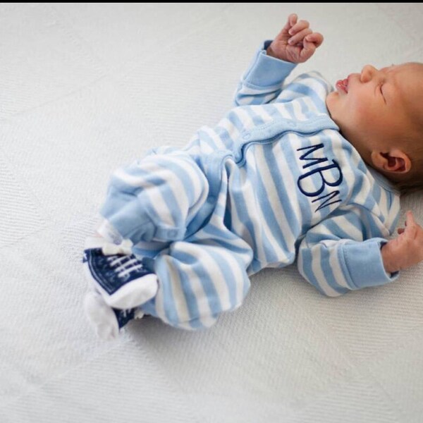 Monogrammed baby boy gift set. Baby Boy Gift Set. 0-6 month size. Preppy striped Baby Boy Set. Choose the pieces you want.