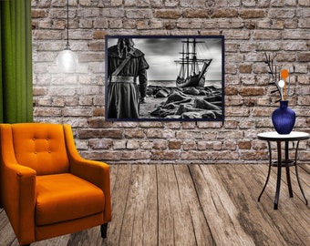 Pintura de guerreiro e navio viking Impressão de arte de navio viking Download digital Ilustração Arte de parede Decoração de arte de barco viking Mitologia nórdica Arte de parede