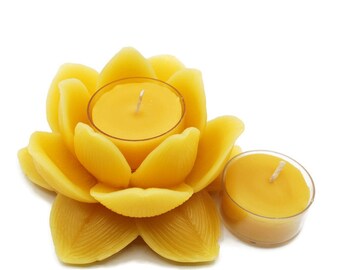 Pure Beeswax Lotus Flower Candle Holder with 2 Tealights Infinitely Reuseable