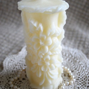 Beeswax Candle Pillar Raised Flower Design in Pure WHITE Beeswax