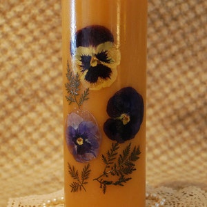 Beeswax  Candle Pillar Natural Color Decorated with Dried Flowers 9 inches tall