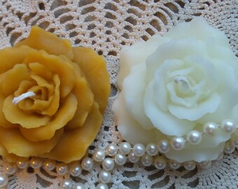 Beeswax Candle Pair Hand Sculpted Rose Floating Candle White or Natural Pure Beeswax