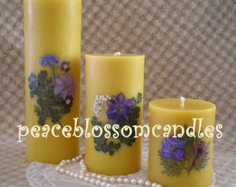 Beeswax  Candle Pillar Natural Color Decorated with Dried Flowers 4 inches tall