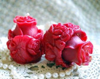 Beeswax Candles PAIR Hand Sculpted Rosebud Pure Beeswax Votive Candles in RED