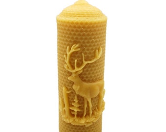 Beeswax Candle Stag Pillar Rolled Look Honeycomb Deer Decorated Pillar