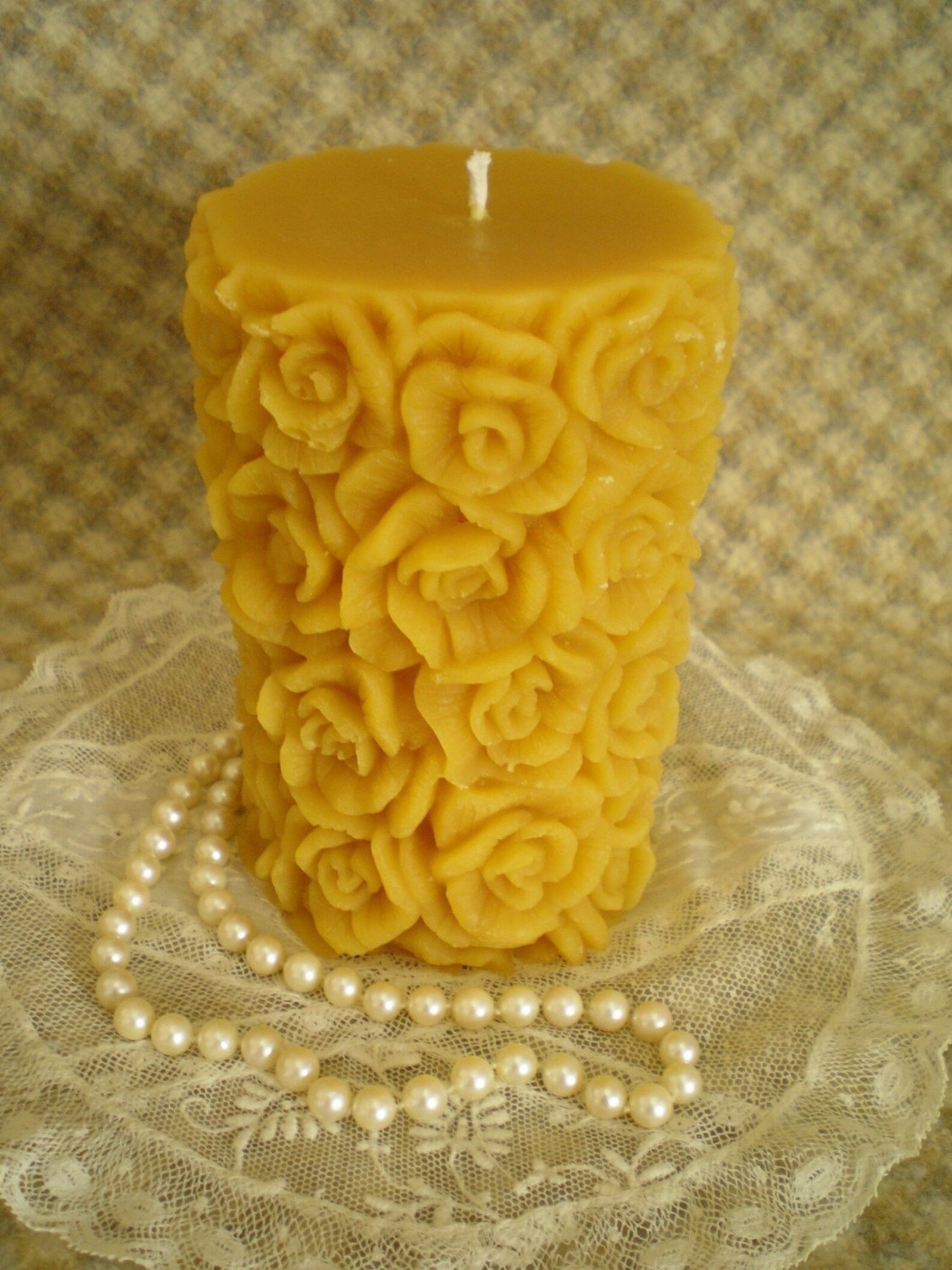 Beeswax Candle Rose Covered Pillar Candle Natural Gold Color Etsy