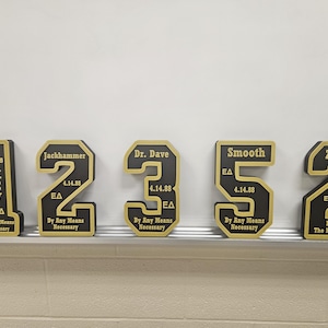 以下が含まれることがあります： 黒と金の数字のプレートが5つあり、数字は1、2、3、5、2です。各プレートには名前と日付4.14.88が書かれています。プレートは棚に一列に並んでいます。