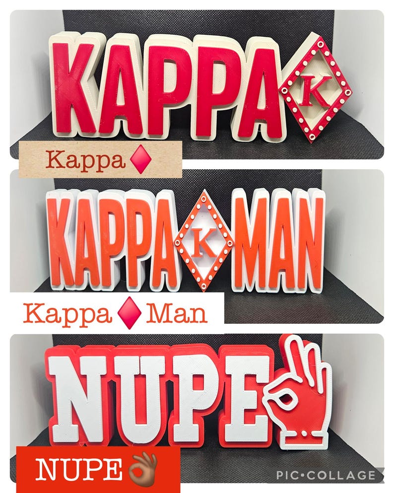 May include: Three red, white, and orange foam letters spelling out "Kappa", "Kappa Man", and "Nupe". The letters are decorated with white outlines and diamond-shaped accents. The "Kappa" letters have a small, white "K" inside a red diamond. The "Kappa Man" letters have a small, white "K" inside a white diamond with a red outline. The "Nupe" letters have a red hand with an OK sign next to them.