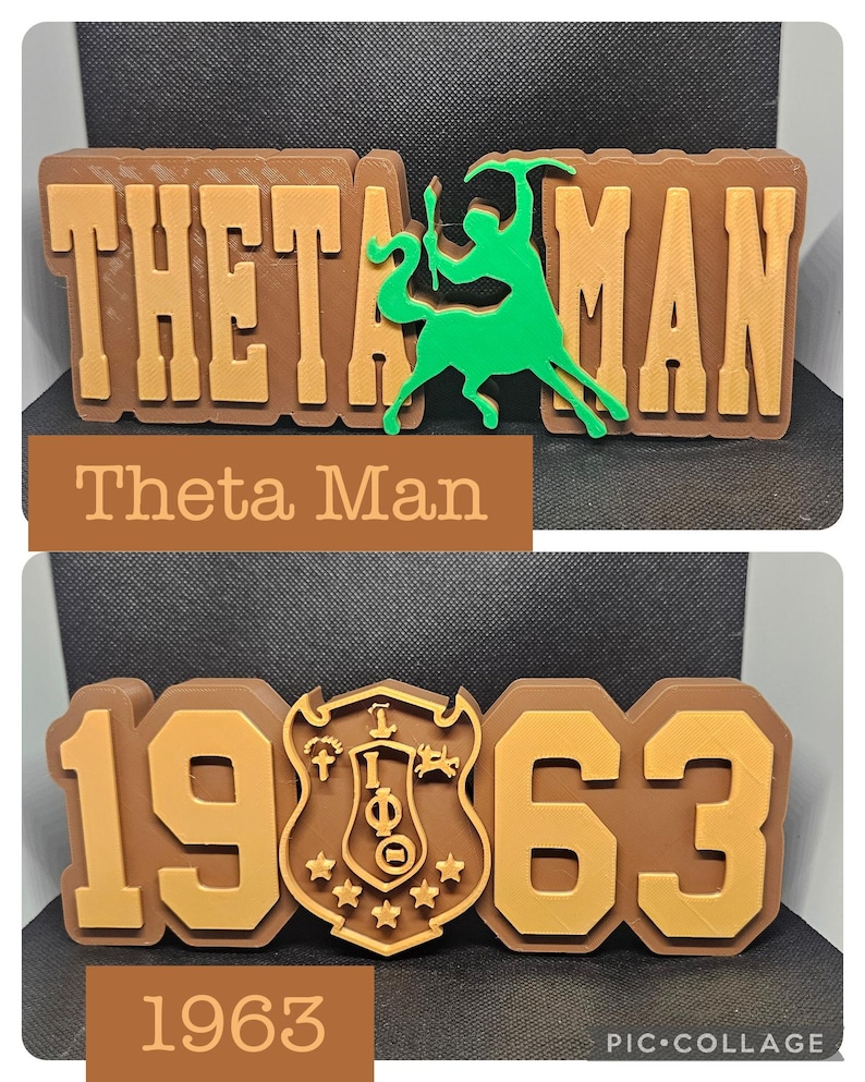 May include: A brown and gold 3D printed plaque with the text "Theta Man" and the year "1963" along with a fraternity crest.