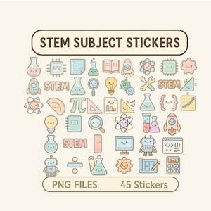 STEM Thema Aufkleber | Niedliche digitale Aufkleber für GoodNotes | 45 PNG-Dateien | Kawaii Wissenschaft Mathe Technik Technik Planner Stickers