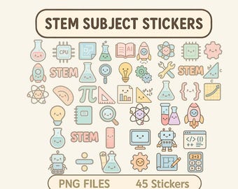 Pegatinas de asignaturas STEM / Pegatinas digitales lindas para GoodNotes / 45 archivos PNG / Pegatinas kawaii para planificador de ciencias, matemáticas, ingeniería y tecnología