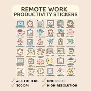 Może przedstawiać: Zestaw 45 kolorowych naklejek z ilustracjami różnych motywów związanych z produktywnością pracy zdalnej. Naklejki są zaprojektowane w uroczym stylu kreskówkowym w różowo-niebiesko-żółtej kolorystyce. Naklejki zawierają takie frazy jak "Praca z domu", "Zachowaj skupienie", "Notatki z zebrania", "Zrób sobie przerwę", "Lista rzeczy do zrobienia", "Bądź w kontakcie", "Ustal harmonogram", "Biuro domowe", "Wyślij aktualizację", "Zorganizuj się", "Skup się na zadaniach", "Ustal granice", "Bądź zmotywowany", "Przejrzyj cele", "Podejmij inicjatywę", "Czas skupienia", "Odpowiedz na e-maile", "Kreatywna przerwa", "Cisza", "Synchronizacja zespołu", "Energetyczny zastrzyk", "Połączenie wideo", "Zadanie wykonane", "Burza mózgów", "Odpowiedz na komentarze", "Zaplanuj projekty", "Poranna kawa", "Postęp projektu", "Szybkie spotkanie", "Koniec dnia", "Samoocena", "Prezentacja pomysłu", i "Drzemka".