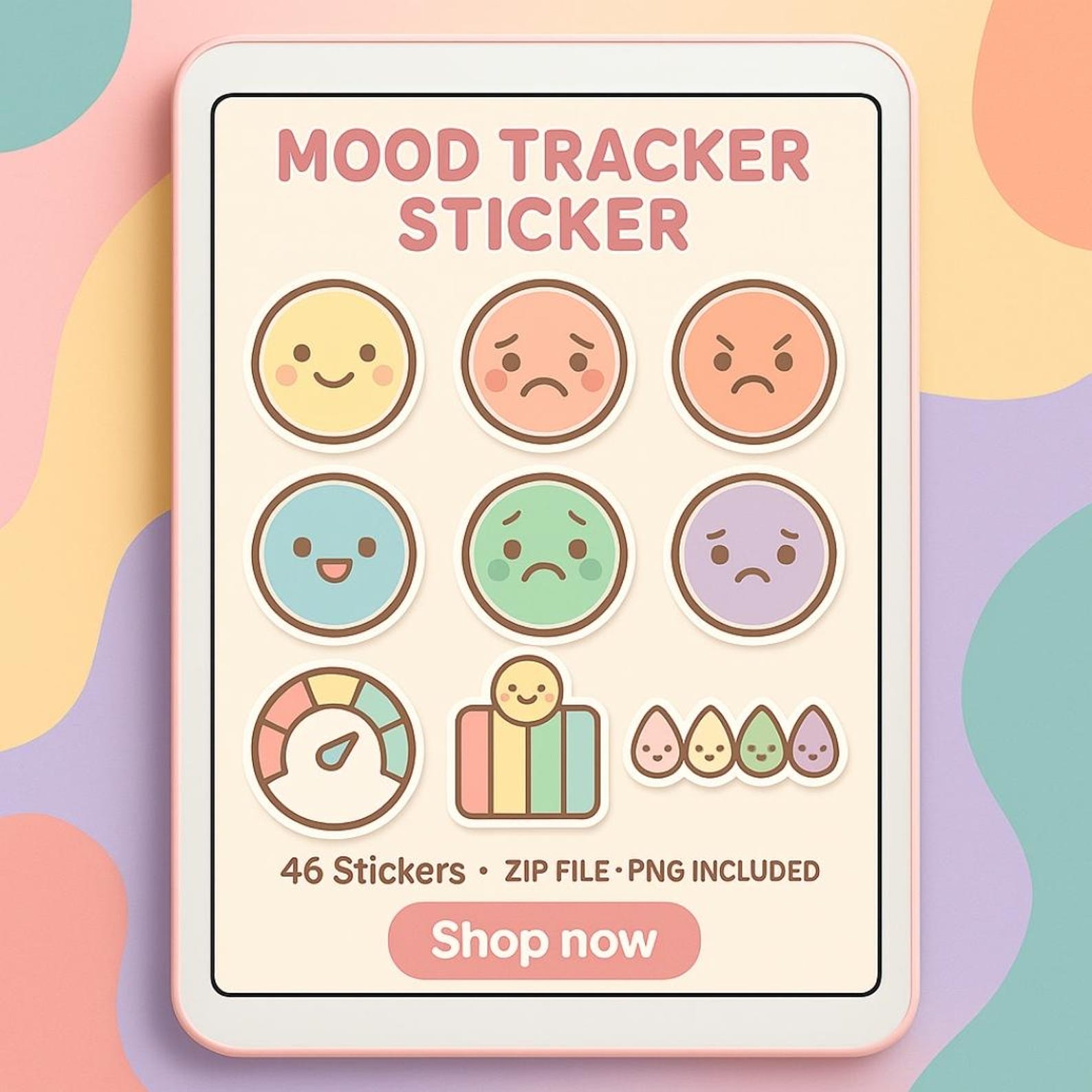 Cute Kawaii Mood Tracker Sticker Set PNG | 46 Digital Emotional ...