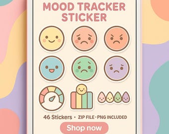 Lindo conjunto de pegatinas kawaii para el seguimiento del estado de ánimo (PNG) / 46 pegatinas digitales emocionales para diario, iconos de alta resolución para el planificador de salud mental