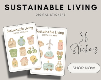 Pegatinas digitales de vida sostenible - Paquete PNG de planificador ecológico kawaii / Cero residuos, reutilización, sin plástico, clipart minimalista y adorable para GoodNotes
