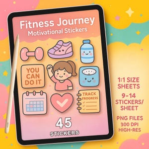 Op de afbeelding: Een digitale tablet toont fitness-thema stickers met afbeeldingen van dumbbells, sneakers, een waterfles en een weegschaal. De tekst op de tablet luidt "Fitness Journey Motivational Stickers" en "45 Stickers".