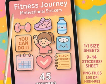 Bonitas pegatinas pastel para agenda de fitness: hojas PNG 1:1 para GoodNotes, agenda digital y diario de entrenamiento.