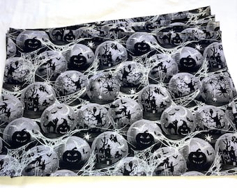 Halloween Crystal Ball Placemats Table Decor Witch Moon Spider Pumpkin Black Grey Set of 4 Washable