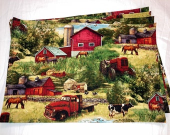 Everyday Country Farm Table Decor Placemats Barn Animal Tractor Horse Cow Set 4