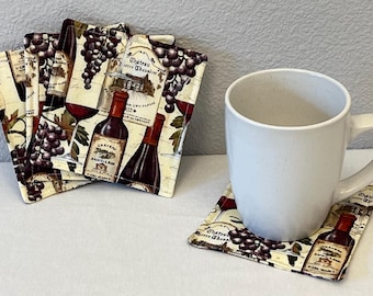 Wine Drink Coaster Bottle Glass Grapes Set of 4 Washable