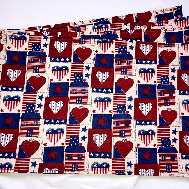 4th of July Kitchen Decor Patriotic Country Heart House Star American Flag Set of 4 Placemats Washable