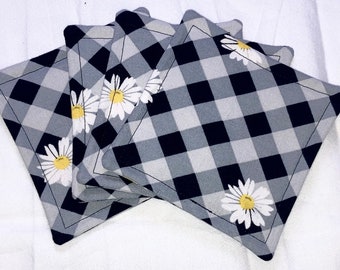 Everyday Summer Spring Drink Coasters Mug Rug Table Decor White Daisy Flower Black Grey Gingham Set of 4 Washable