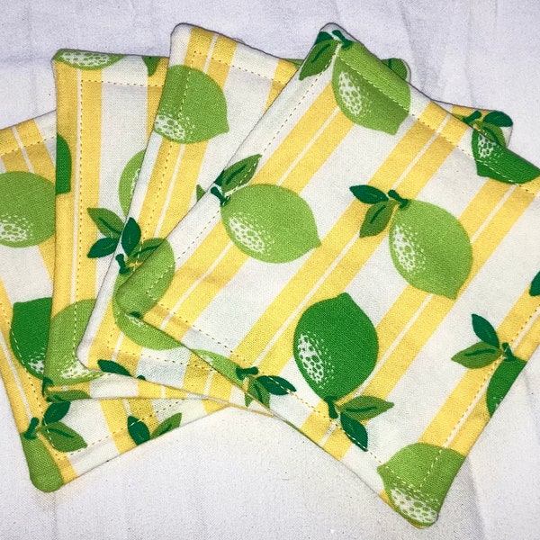 Spring Summer Drink Coasters Mug Rug Table Decor White Yellow Stripe Green Lime Set of 4 Washable