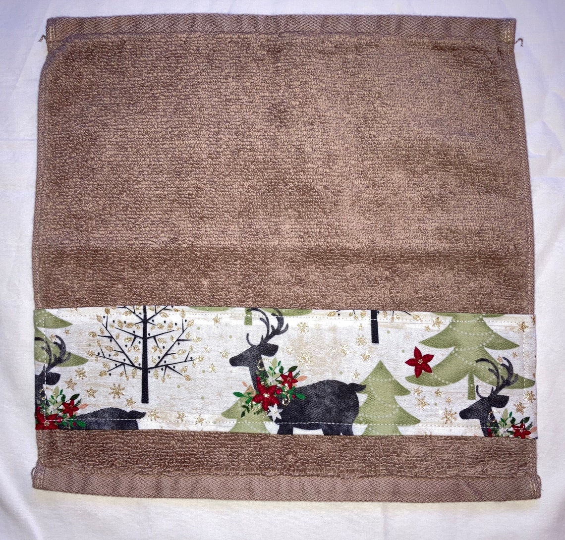 Christmas 3 PC brown bath towel set with reindeer trees and Etsy