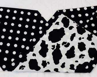 Cow Print Black White Polka Dot Reversible Table Runner Centerpiece 41”L 15"W Washable