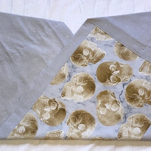 Halloween Skull Table Runner Grey Gold Beige Glitter Reversible 40&quot;L 15”W Washable