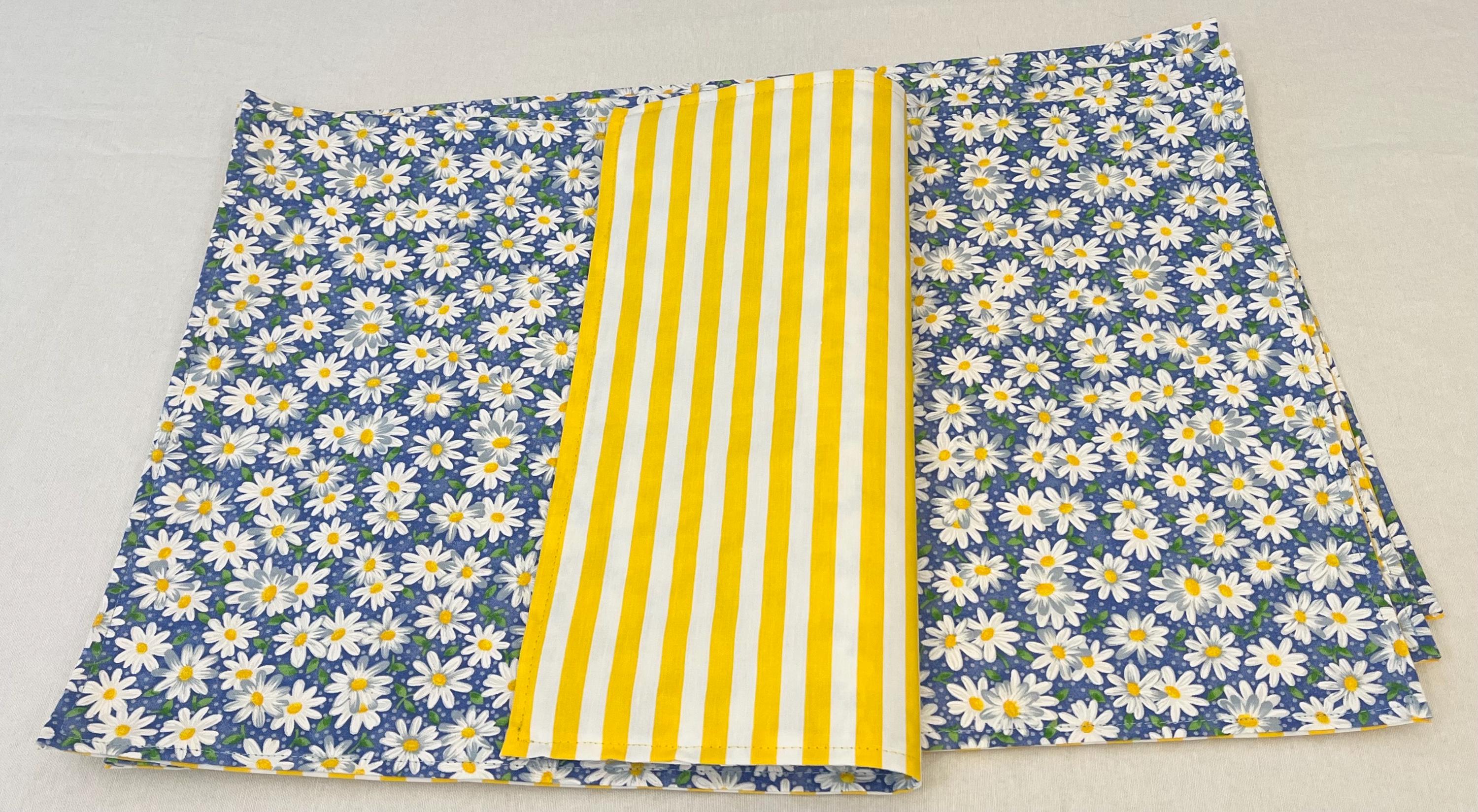 Flower Daisy Stripe Placemats Reversible Spring Summer Blue Yellow White Set 4 Washable